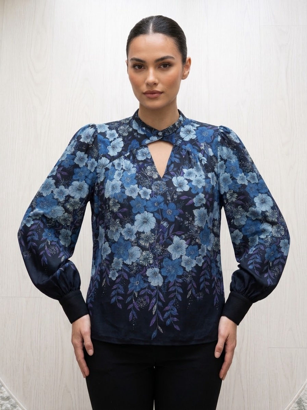 Beautiful 100% Silk Floral Blouse in Black, Blues and Purple colors